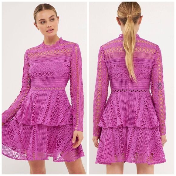 NWT Endless Rose Fuchsia Lace Peplum Mini Dress L Cocktail Wedding - Picture 1 of 8